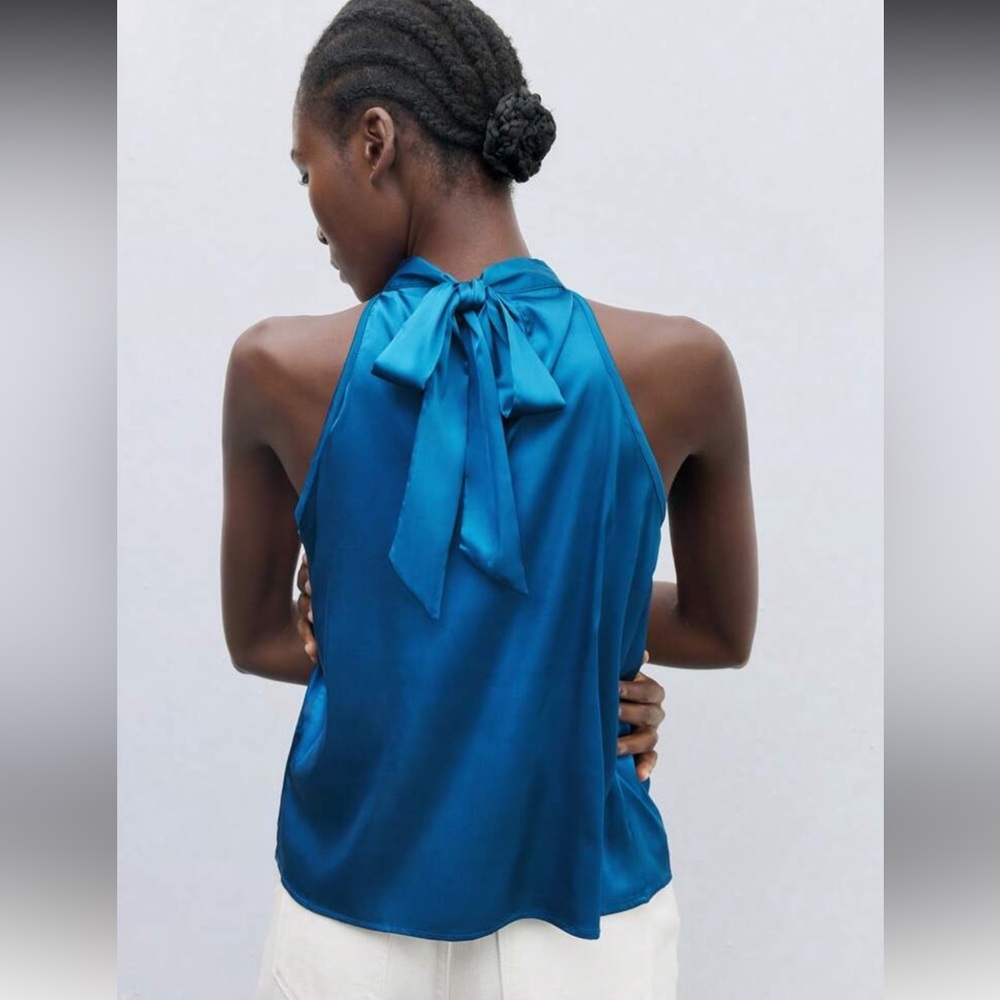 Teal Blue Satin Halter Blouse Top - Picture 11 of 15